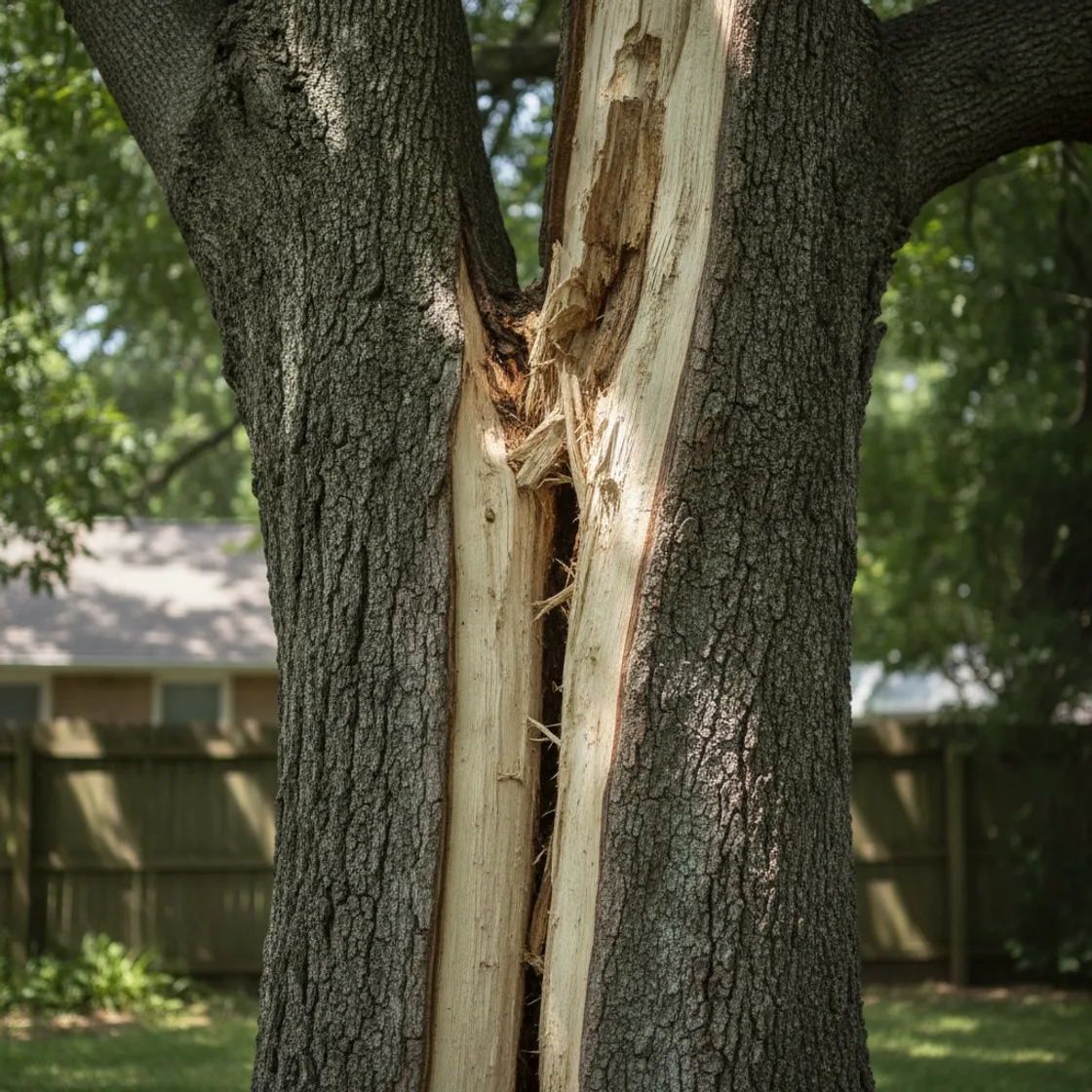 A large hardwood trunk with a deep vertical split and torn bark, a structural hazard in a suburban back yard