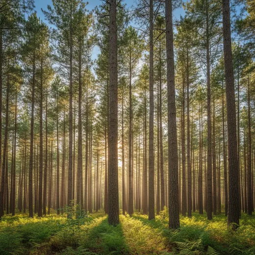 A tall stand of Georgia loblolly pines with straight trunks reaching into a clear blue sky
