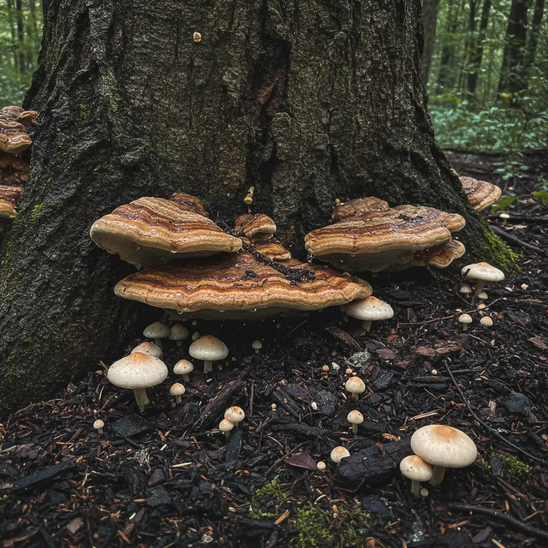 Shelf fungus and mushrooms growing at the base of a mature hardwood trunk, a sign of decay